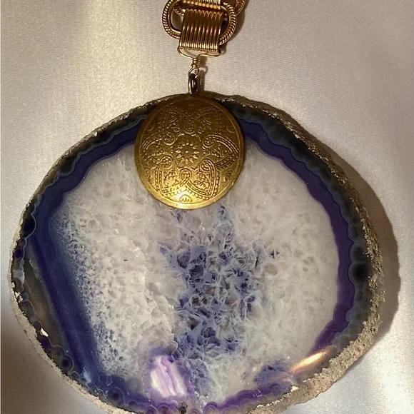 1990’s Amethyst Geode with Detailed Etching in 18k Gold Filled Necklace.
